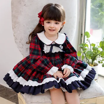 2020 Letné Nový španielsky Dievčatá princezná šaty s Dlhým rukávom plaid výšivky Sladké roztomilý šaty pre dievčatá, Deti Oblečenie vestidos