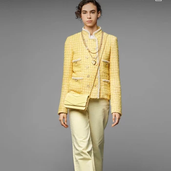2020 luxusné dráhy dizajn retro žltá tkané tweed bunda ženy stojí golier štyri vrecká diamanty dvojité breasted vintage kabát