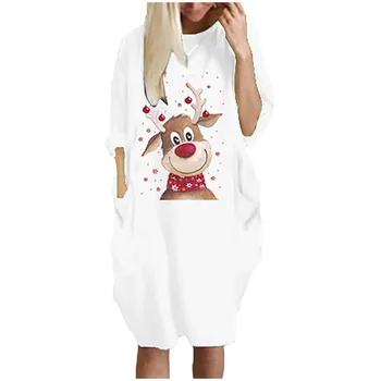2020 Módne dámske Šaty Zimné Plus Veľkosť Voľná O-krku Vrecko Vianočné Vytlačené Женское Платье