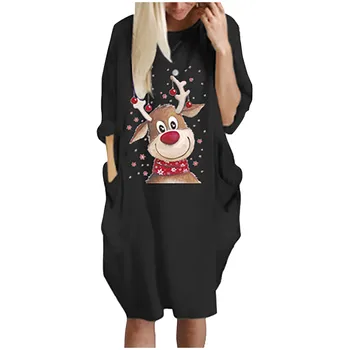 2020 Módne dámske Šaty Zimné Plus Veľkosť Voľná O-krku Vrecko Vianočné Vytlačené Женское Платье