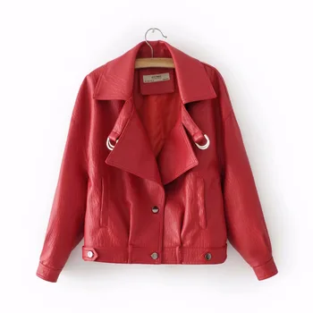 2020 Módne Ženy Elegantné Zips Faux Kožené Biker Jacket v Červená Čierna Štíhle Dámy Kabát Bežné značky Motocyklov Kožený Kabát
