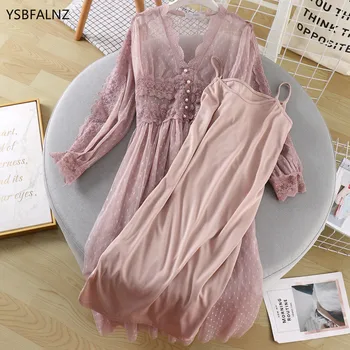 2020 Módne Ženy Ružová Sundresses Obloženie 2 Kusy Vestidos Verano Sexy Dlhý Rukáv Maxi kórejský tvaru Vysoký Pás Kleider Damen