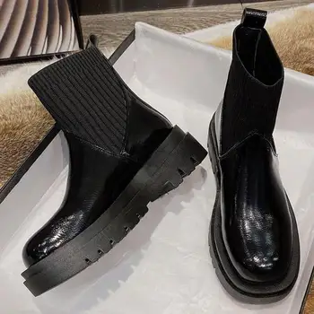 2020 Najnovšie Kožené Členkové Topánky Ženy Štvorcové Prst Platformu Chelsea Boots Elastické Pásme Dráhy Topánky Zapatos De Mujer