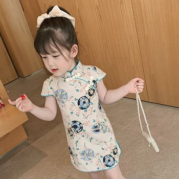 2020 Nové Baby Detský Dievča Čínskom Štýle Retro Cheongsam Batoľa Deti Móda Temperament Tlač Šaty Deti Oblečenie 1-7Years