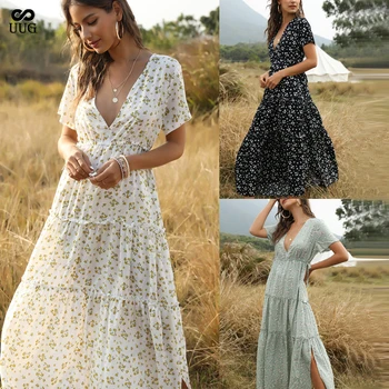 2020 nové bohémsky štýl dámy štýl rozstrapatené tvaru vysoký pás kvetinové šaty big swing šaty