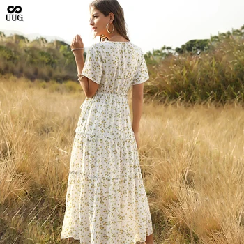 2020 nové bohémsky štýl dámy štýl rozstrapatené tvaru vysoký pás kvetinové šaty big swing šaty