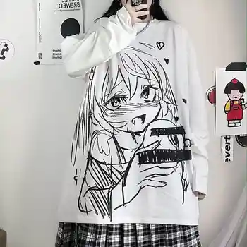 2020 nové jesenné oblečenie kórejská verzia iny Harajuku bf vietor komiksu, anime tlač voľné dlhým rukávom T-shirt študentka, top