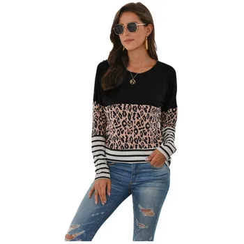 2020 Nové Jeseň T Shirt Ženy Leopard Prekladané Patchwork Tričko Bežné Dlhý Rukáv Bavlna Tee Tričko Fashion Zena Top Plus Veľkosť