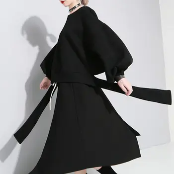 2020 Nové Jeseň Zima Hoodies Ženy Japonsku O Krk Latern Dlhý Rukáv Solid Black Späť Obväz Luk Voľné Mikina Móda