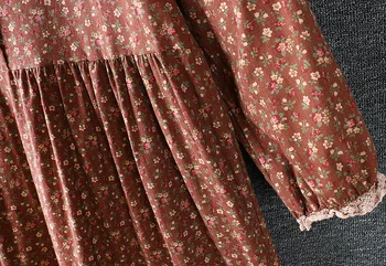 2020 Nové Jeseň Ženy Šaty Japonsko Štýl Literárneho Čerstvé Prehrabať Stojan Golier Kvetinový Tlač Bavlnená posteľná bielizeň Voľné Šaty Dlhý Rukáv
