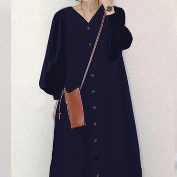 2020 Nové Jeseň Ženy Šaty kórejský Japonskom Štýle Voľné Čiaru Dlhú Maxi Šaty župan Femme Vestiods Svietidla Rukáv