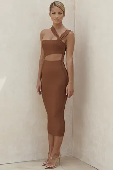 2020 Nové Letné Okolo Rukávov Bez Ramienok Duté Out, Midi Obväz Šaty Bodycon Sexy Elegantné Hnedé Ženy Vestidos Dobanmbd