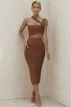 2020 Nové Letné Okolo Rukávov Bez Ramienok Duté Out, Midi Obväz Šaty Bodycon Sexy Elegantné Hnedé Ženy Vestidos Dobanmbd