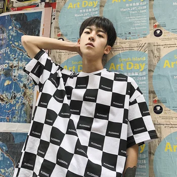 2020 Nové Ulzzang Harajuku kórejský T-shirt Módne Čierna Biela Šachovnica Prehoz-Krátke rukávy O Krk Voľné Ležérne pánske T-shirt
