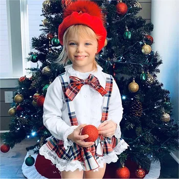 2020 Nové Zimné Christmas, Baby, Dievčatá 2 ks Nastaviť Červenú Kocku Čipky Luk Zase dole Golier Top+Podväzkové Sukne Deti Deti Oblečenie