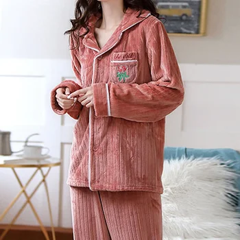 2020 Nové Zimné Vianočné Fleece Flanelové Pyžamo Nastaviť Ženy Teplé Zahustiť Velvet Pyžamá Nastaviť Sleepwear Dvojdielne Plavky Pyžamá Vyhovuje