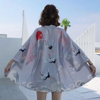 2020 Nový Japonský Yukata Kimono Haori Žena Červená-Korunovaný Žeriav Tradičné Japonské Kimonos Kimono Cardigan Haori Yukata FF2581