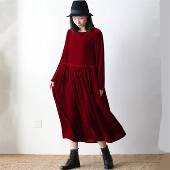 2020 Nový kórejský štýl ženy na Jar a na Jeseň s dlhým rukávom vintage velúrové šaty plus veľkosť 5XL 6XL 7XL Zimné velvet maxi šaty