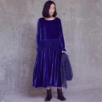 2020 Nový kórejský štýl ženy na Jar a na Jeseň s dlhým rukávom vintage velúrové šaty plus veľkosť 5XL 6XL 7XL Zimné velvet maxi šaty