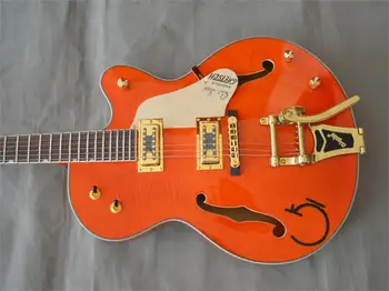 2020 Nový Oranžový Plameň Javor Elektrická gitara Čiastočne Duté Telo Jazz Elektrická Gitara s Golden Bigsby Tremolo
