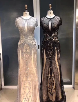 2020 Nový Príchod Ženy Večerné Šaty Crystal Flitrami Korálkové Dlho O Výstrihu Spp Rukáv Party Šaty