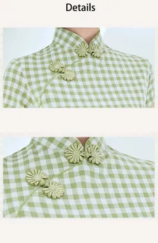 2020 Nový Zelený Čínsky Cheongsam Šaty Žien Bavlna Slim Ručné Tlačidlo Qipao Kockované Šaty Strany Svadobné Šaty