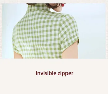 2020 Nový Zelený Čínsky Cheongsam Šaty Žien Bavlna Slim Ručné Tlačidlo Qipao Kockované Šaty Strany Svadobné Šaty