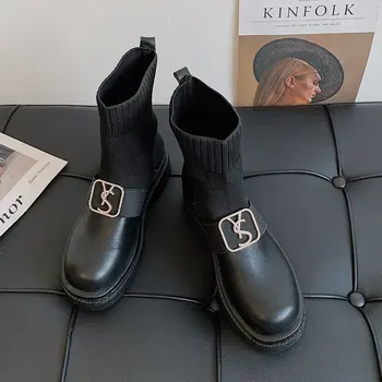 2020 nový štýl bežné čipky gotický boj proti členkové topánky dámske topánky čierne ponožky hrubé jediným kožené topánky ženy móda Botas Mujer