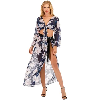 2020 Plavky Kryt Ups Ženy Plážové Šaty Šifón Plaviek Leopard Plavky Zakryť Kvetinový Cardigan Ženy Tunika Pláži Oblek