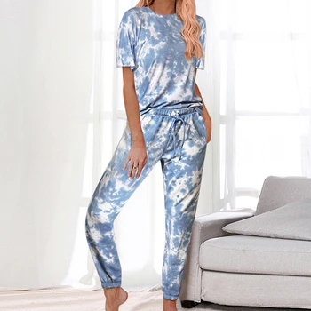 2020 Plavky Ženy Pajama Nastaviť Domov Nosiť tie-dye Tlač Odev Sleepwear Móda Jar Leto Krátke Pyžamá Ženy