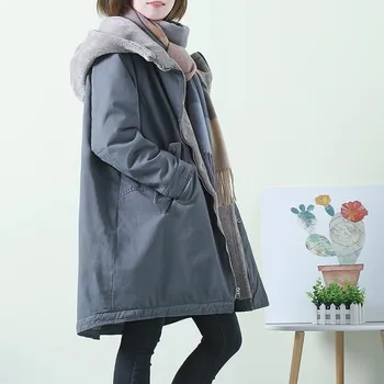 2020 Plus Veľkosť Zimná Bunda Nový kórejský Hrubé Bavlna-Vatovaný Kabát Žien Strednej dĺžky Plus Fleece Kapucňou Vetrovka Kabát g628
