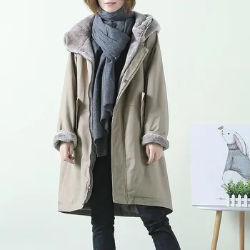 2020 Plus Veľkosť Zimná Bunda Nový kórejský Hrubé Bavlna-Vatovaný Kabát Žien Strednej dĺžky Plus Fleece Kapucňou Vetrovka Kabát g628
