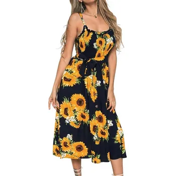 2020 Príležitostné Letné Kvetinové Popruh Šaty Elegantné Ženy Sexy Mimo Rameno Dámske Šaty Boho Šaty Pláži Obväz Žltá Midi Šaty