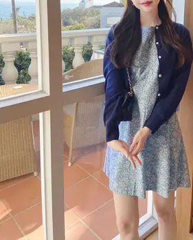 2020 Roztomilý Kórejský Elegantné Šaty Hot Predaj Dizajn Ženy Flhjlwoc Štýl Dovolenku Dátum Kvetinový Tlač Modrá O Krk Pastoračnej Sladké Šaty