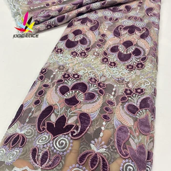 2020 Sequin Velvet Textílie S Výšivky, Čipky Orange Elegantný Krásny Kvet Afriky Nigérijský Najnovšej Francúzskej DesignsFor Šaty