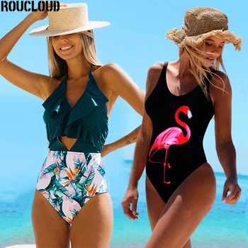 2020 Sexy Backless Volánikmi Obväz Tlač Push Up Čalúnená Vysoký Pás Plavky jednodielne plavky, plážové oblečenie Opaľovanie Monokiny
