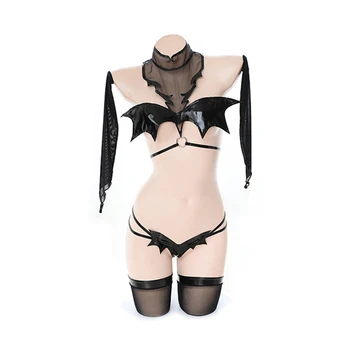 2020 Sexy Dievča Diabol Bat Halloween Cosplay Kostýmy Čierne Krídla Bikini Podprsenka Priesvitný Set Spodnej Bielizne Jednotný Súbor S Osadenie Live Show Outf