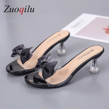 2020 Sexy Transparentné Luk Letné Sandále, Papuče Ženy vysokom podpätku Topánky Žena Bežné kvet Papuče listov dámske topánky