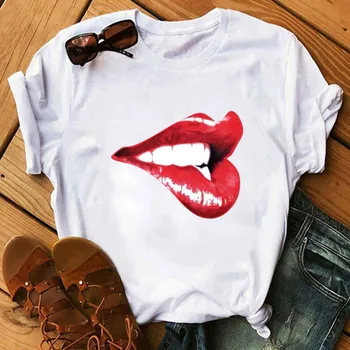 2020 Sexy Červené Pery Print T Shirt Ženy Krátky Rukáv O Krk Voľné Biele Tričko Lete Ženy Tee Tričko Topy Camisetas Mujer