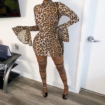 2020 Sexy Štíhla Leopard Svetlice Ženy Mini Šaty, Nočný Klub Strán Dlhý Rukáv O Krk Package Hip Bodycon Tlač Šaty Pre Ženy