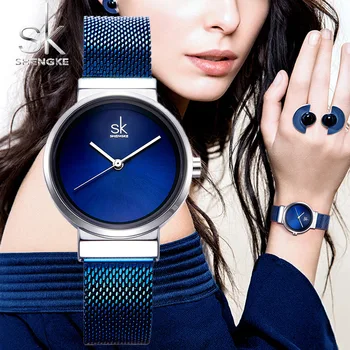 2020 Shengke Luxusná Nerezová Oceľ Modré Hodinky Ženy Móda Quartz Hodinky Pre Reloj Mujer SK Dámske Hodinky Vianočný Darček
