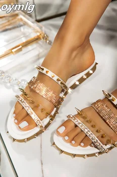 2020 Topánky Ženy Nit Sandále Štýl Čiary Dámy Falt Topánky Crystal Bling Papuče Bytov Letnej Obuvi V Pohode Ženy Pláži Papuče