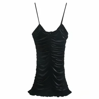 2020 Za Velvet Ruched Mini Šaty Žien tvaru Špagety Popruh Backless Party Šaty Žena Späť Zip Flounce Lem Sexy Čierne Šaty