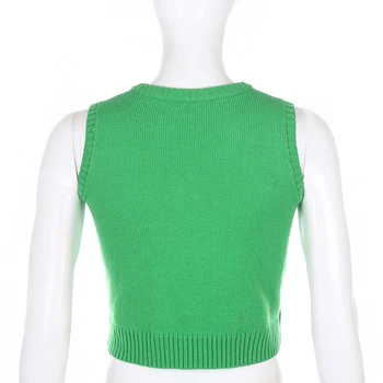 2020 Zelený Kockovaný Pletené dámske Svetre Vesty Žena Preppy Štýl Jeseň Streetwear bez Ramienok Knitwear Bežné Tank Top