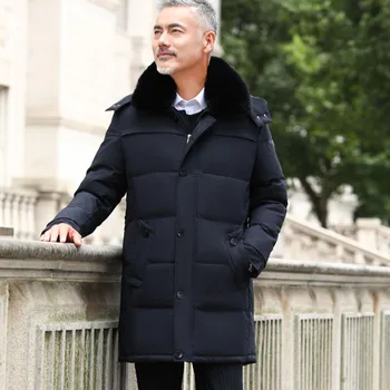 2020 zimné hrubé dlhé pánske nadol bunda luxusné vysokej kvality kožušiny golier nový štýl mužom stredného veku bežné teplé kapucňou dole coats
