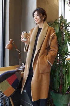 2020 zimné kórejskej ženy hrubé faux suede koža baránok, vlnené kabáty voľné plus veľkosť dlho klope shearling coats camel béžová A328