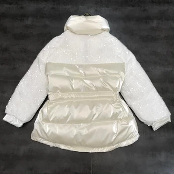 2020 zimné nové lesklé zimná bunda ženy sequin šitie šnúrkou pás bavlna kabát čierny/podiel/biely sneh outwear MY400