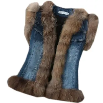 2020 zimné nové módne ženy vesta s originálnym reálne mýval kožušiny golier Denim džínsy Exkluzívne špeciálne kabát bunda
