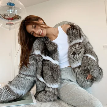 2020 Zimné Žena Luxus Plný Pelt Načechraný Reálne Silver Fox Kožušinový Kabát s M Pruhy Dámy Zahusťovanie Teplá Bunda