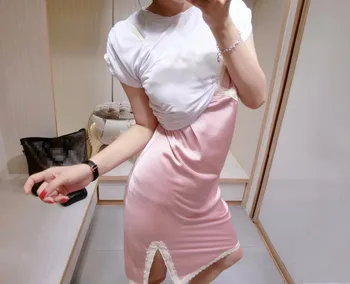 2020 Ženy Lete Asymetrické ružové Šaty návrhára Patchwork Krátky Rukáv Unikátne Večierok Nosiť hodvábne čipky sexy vestidos